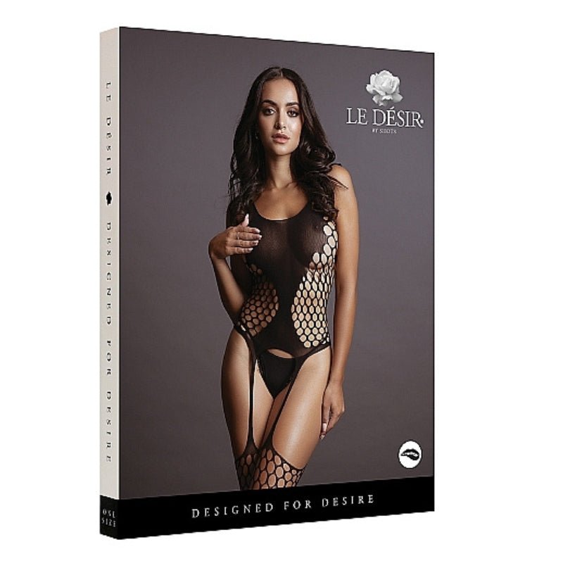 Le Desir Sexy Lingerie Catsuit Zwart Jarretels - voorkant verpakking